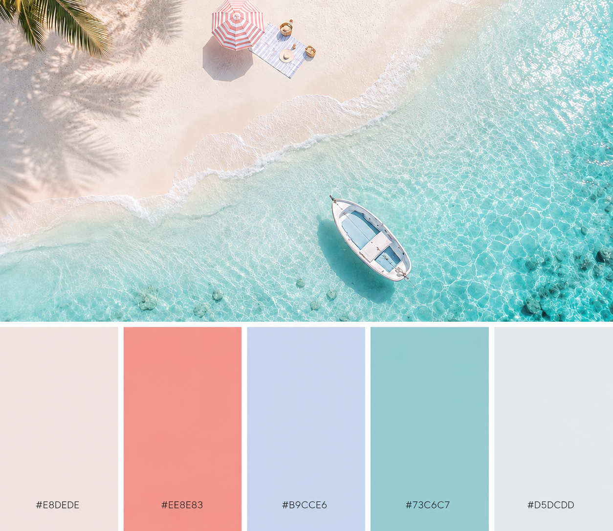 Coastal calm August color palette with rose-grey, coral, periwinkle, aqua, and mist