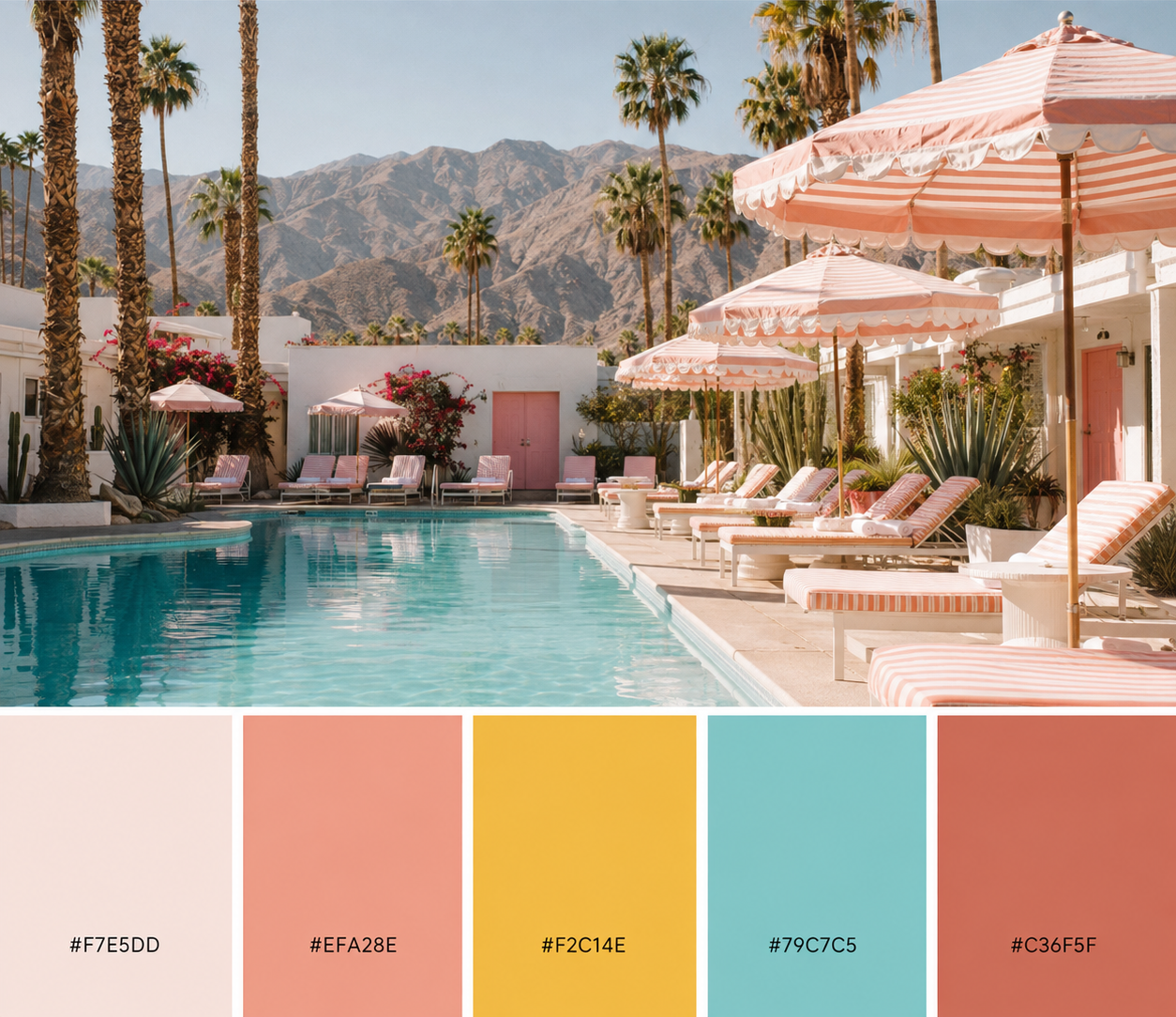 August color palettes for brands, Palm Springs poolside palette with hex codes