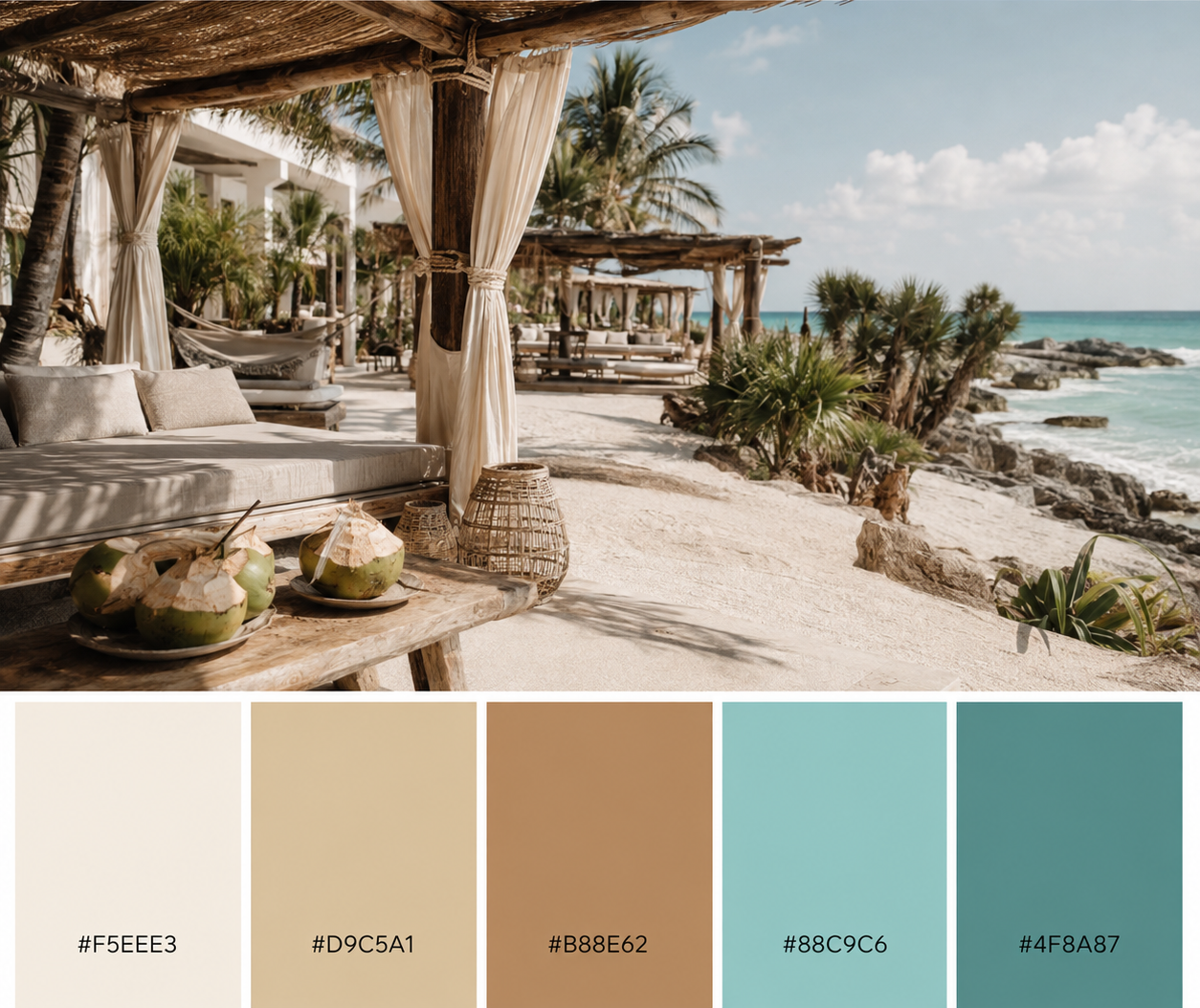 Tulum sands August color palette with bone, wheat, caramel, seafoam, and deep teal