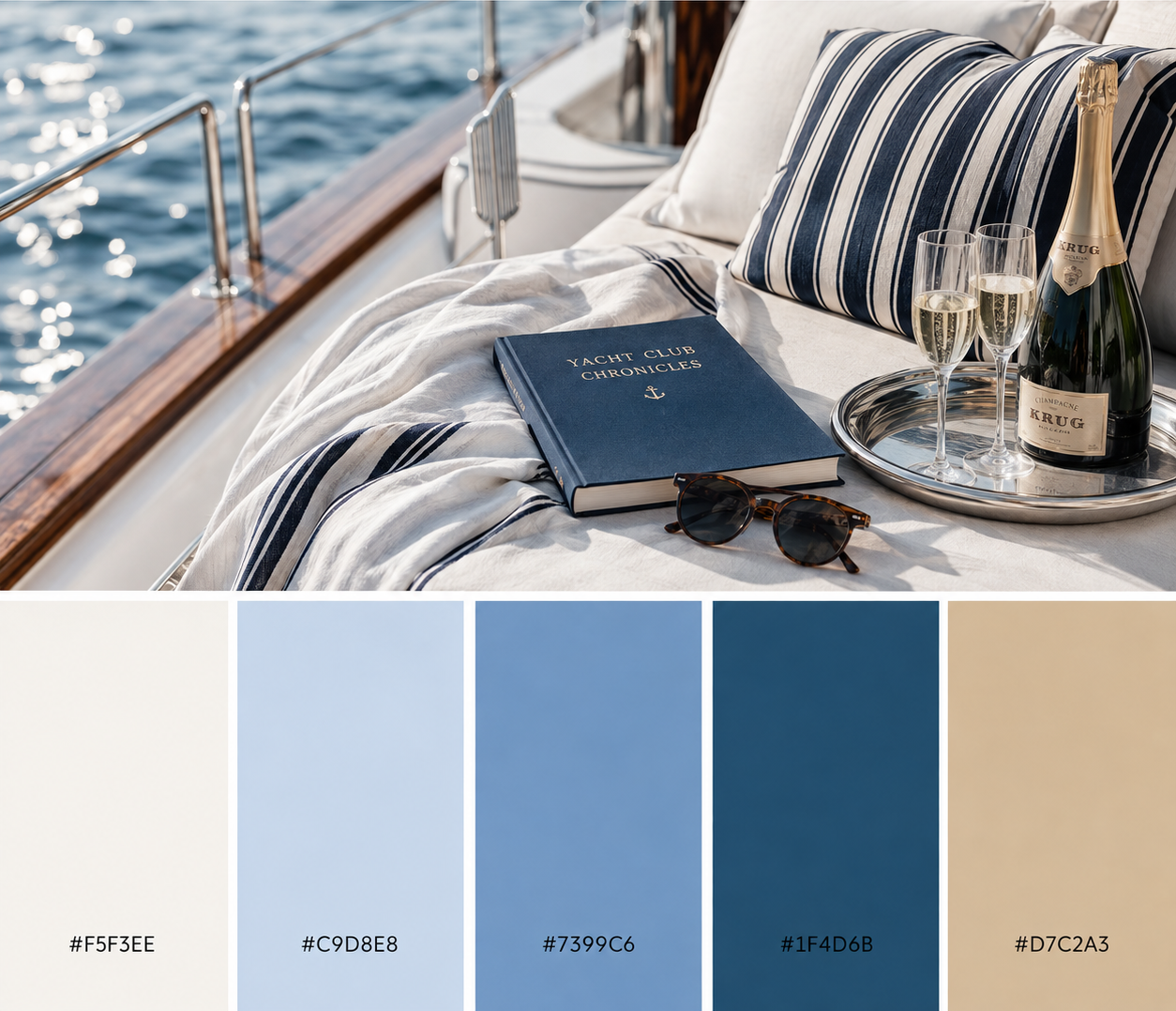 Yacht club August color palette with ivory, sky blue, cornflower, navy, and sand