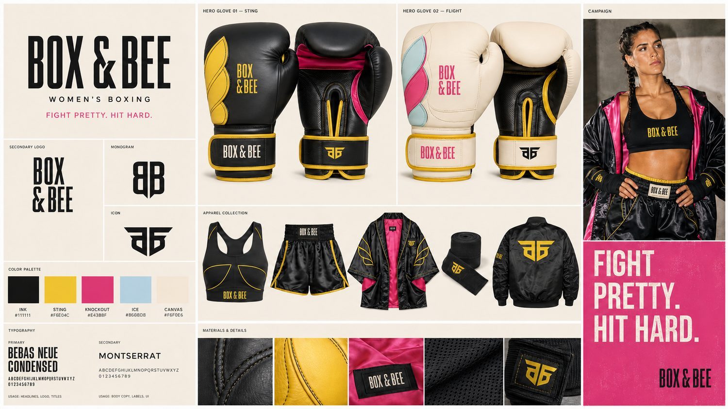 Box & Bee brand identity board showing logo, palette, and typography