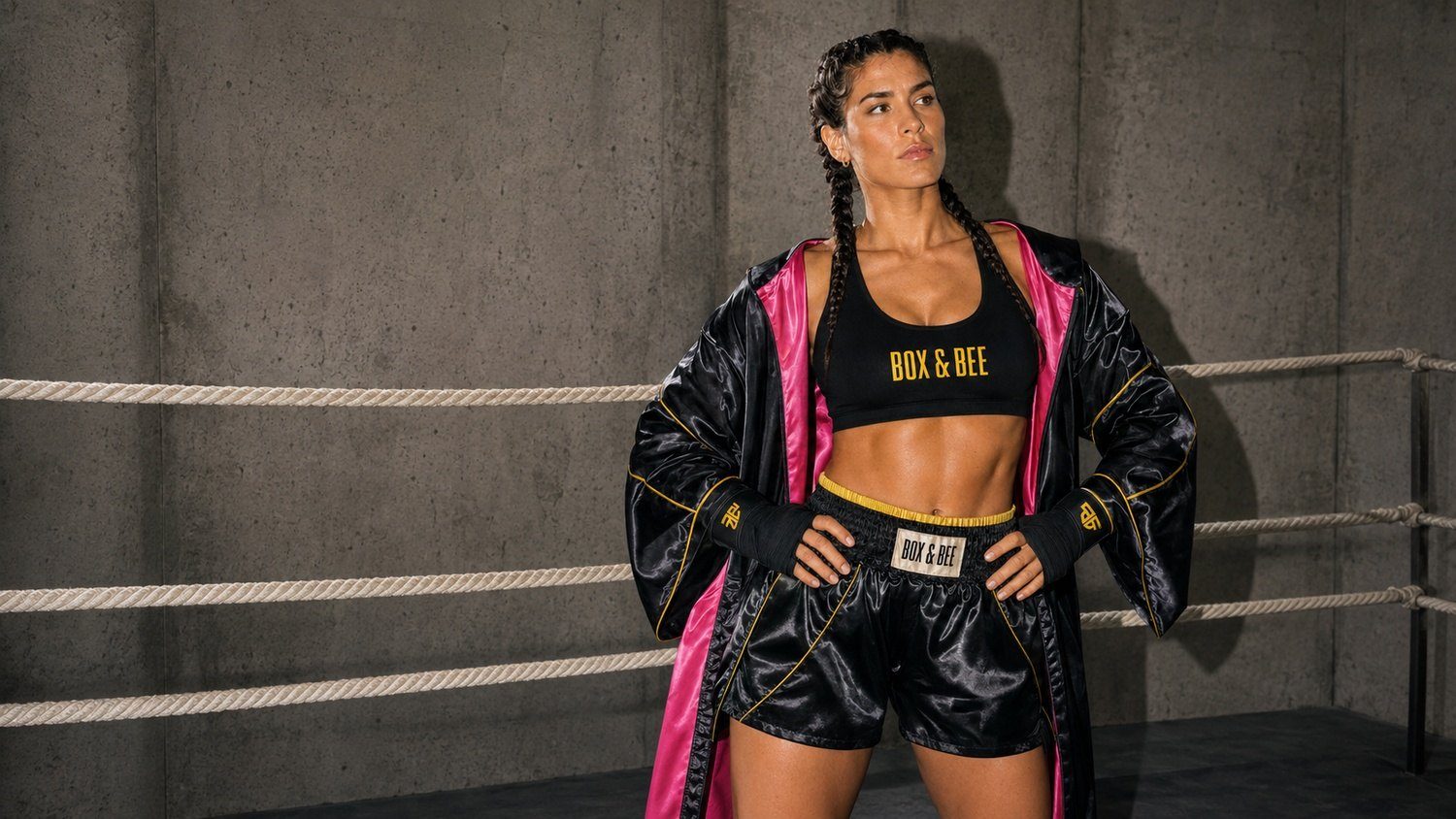 Box & Bee campaign: a boxer in a black and pink satin robe in the ring