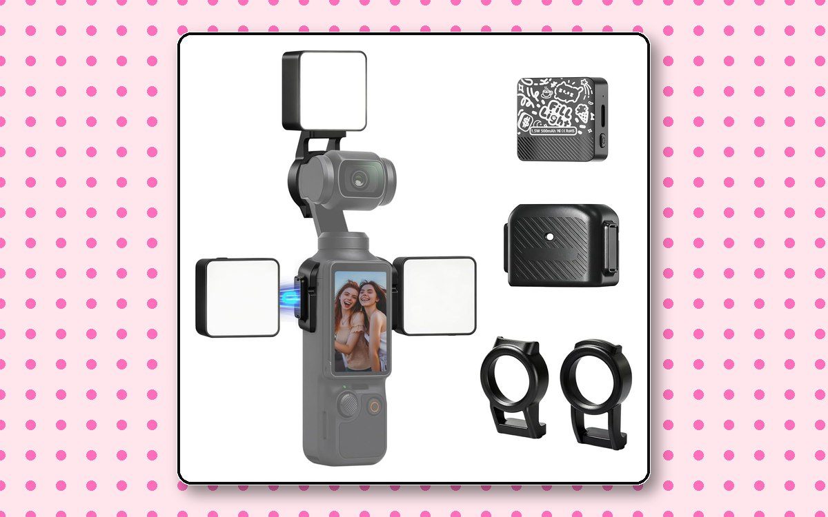 Magnetic LED fill lights mounted to a DJI Osmo Pocket 3, shown with the included mount plate and two lens rings