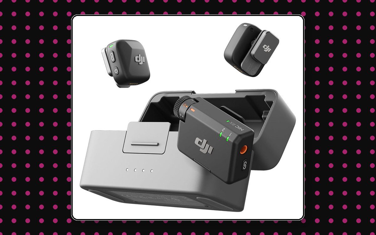 DJI Mic Mini kit showing two clip-on transmitters, the receiver, and the charging case