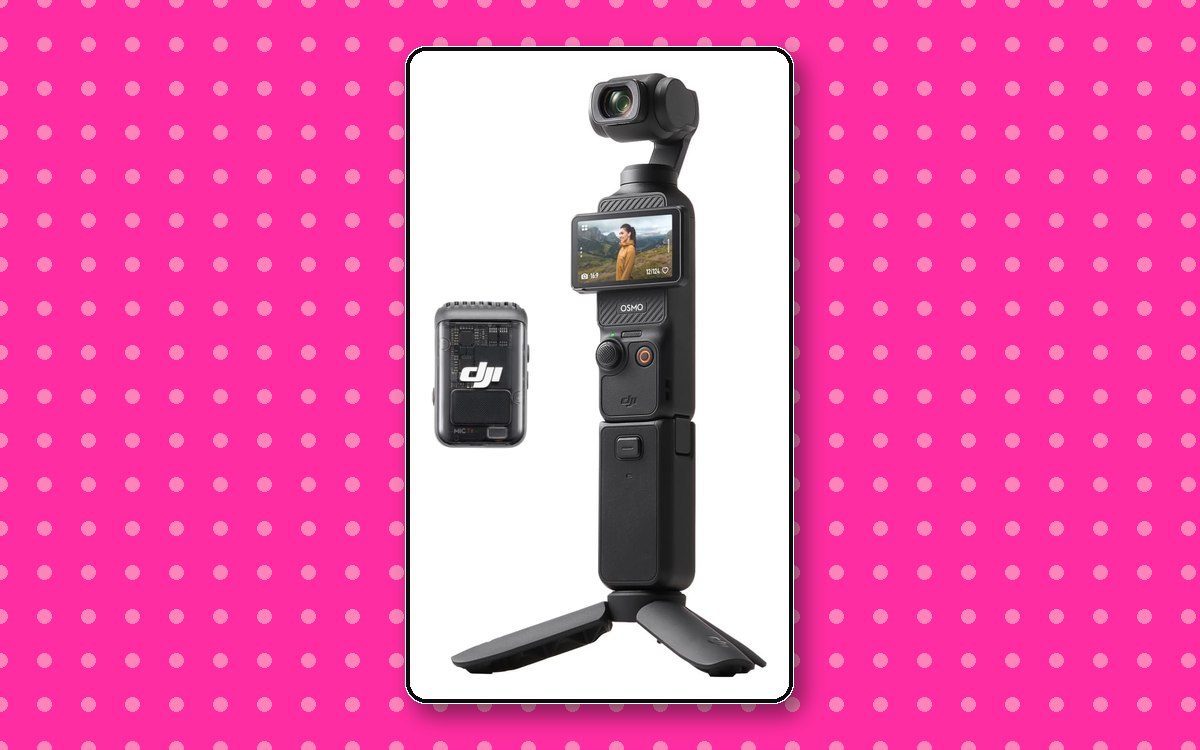 DJI Osmo Pocket 3 on a hot pink polka dot background