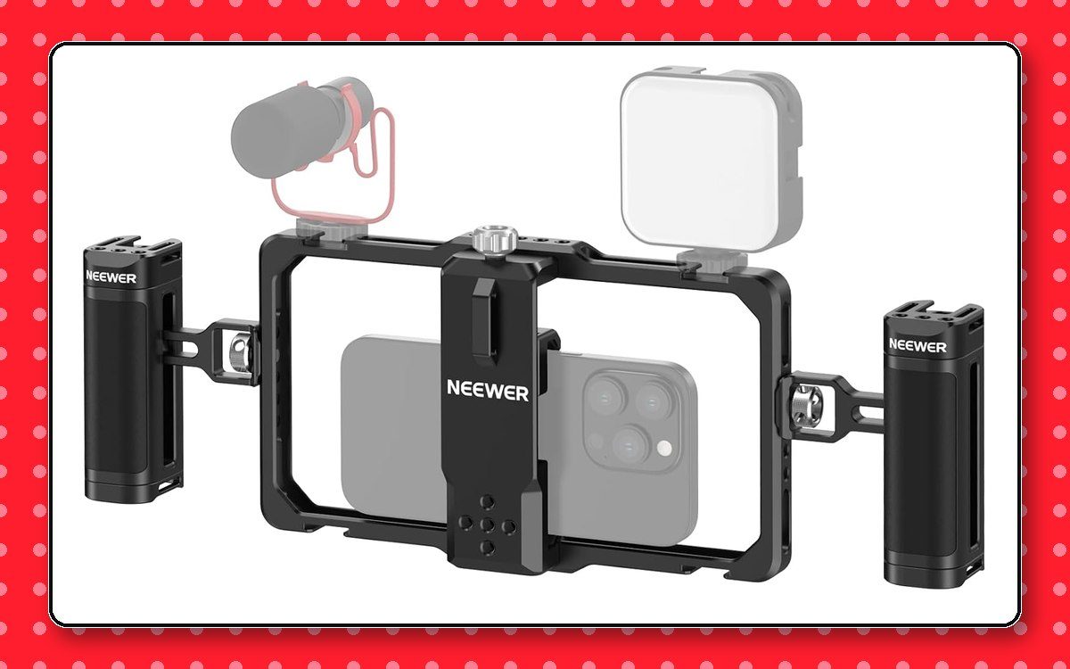 Neewer phone cage rig with two side handles and a microphone and light mounted on the cold shoes