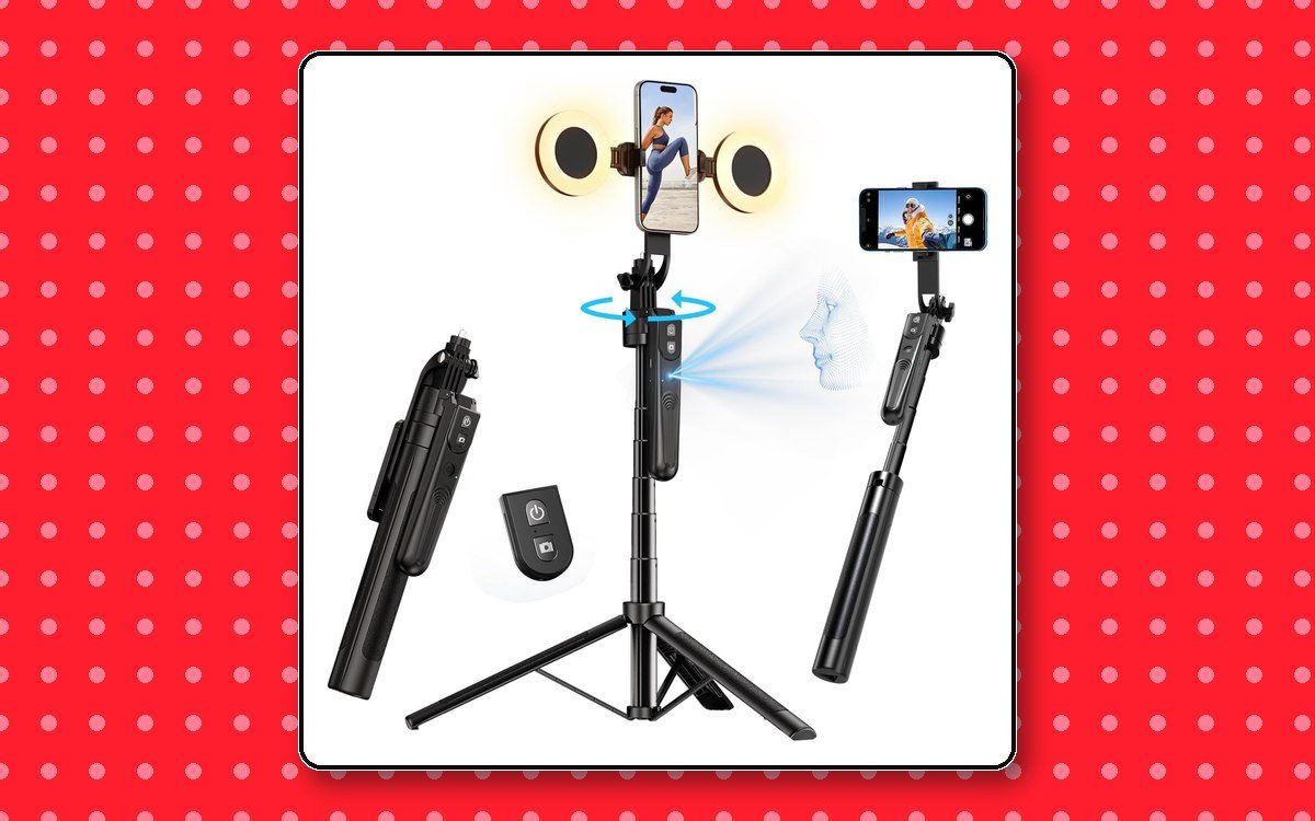 Face-tracking selfie stick shown extended as a tripod with ring lights and a phone, plus the folded unit and Bluetooth remote