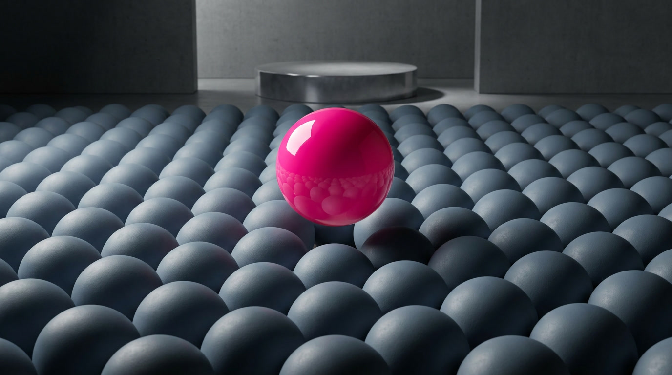 One pink sphere standing out in a grid of gray