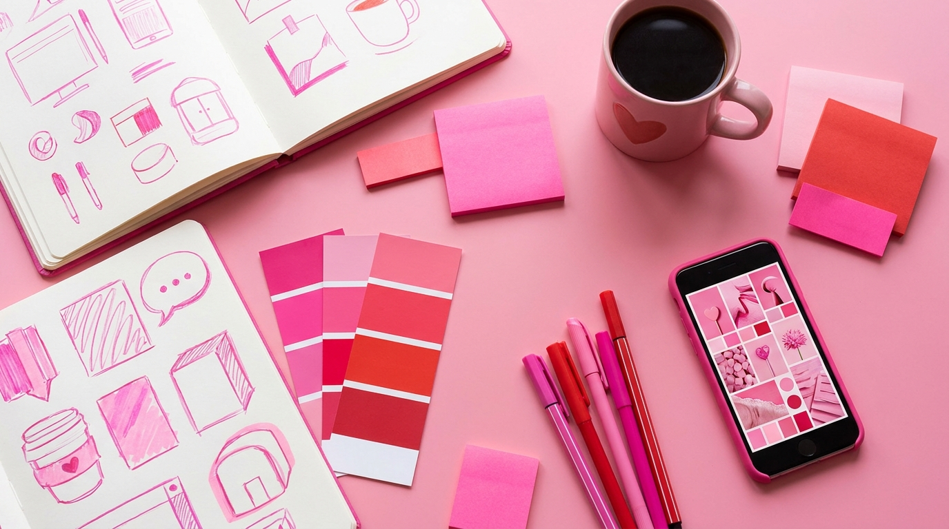 Pink designer desk flat-lay