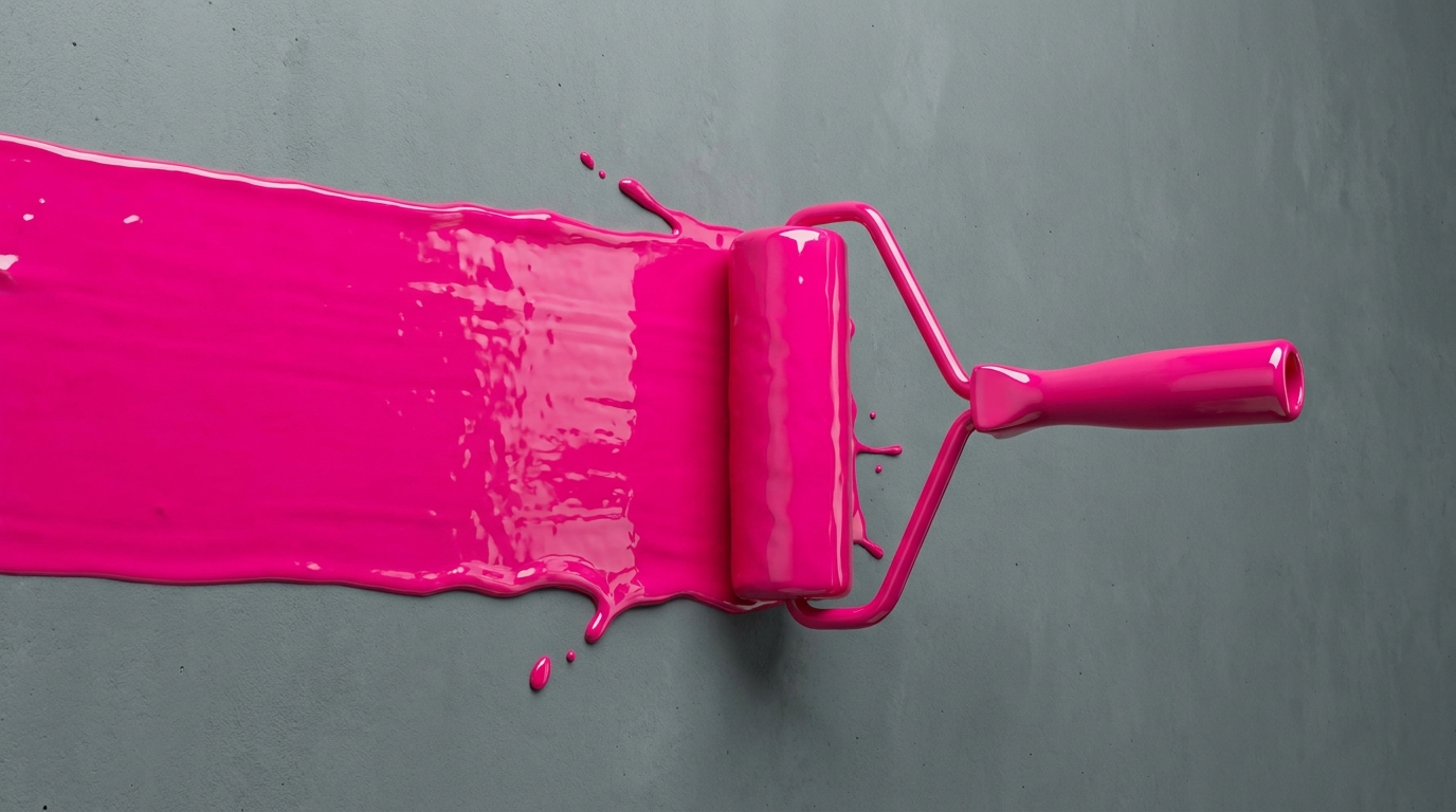Pink paint roller over gray wall