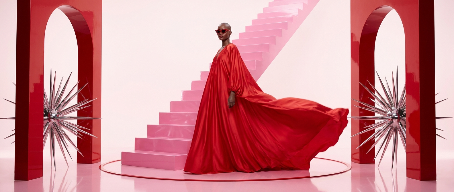 Model in a red gown on a pink staircase framed by silver starbursts and red arches