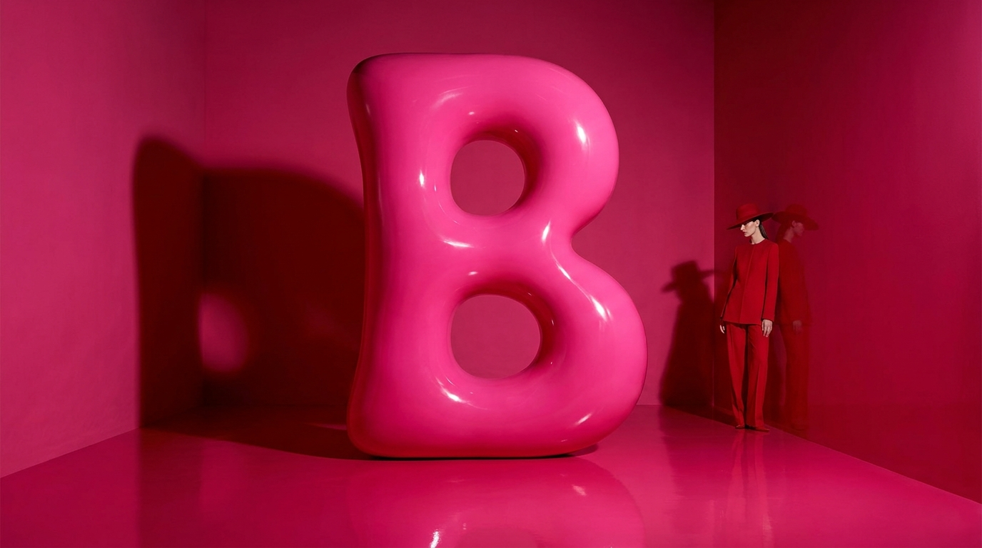 An oversized glossy pink letterform sculpture in a bright gallery space
