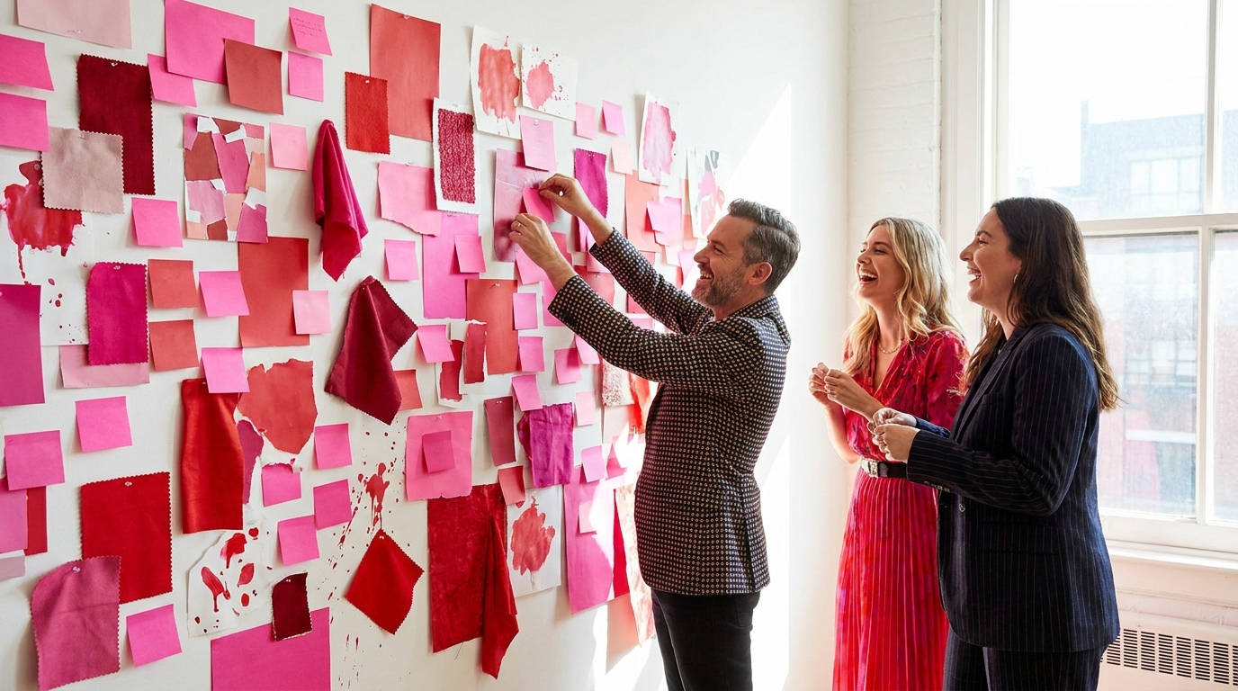 A studio wall covered in hot pink and red sticky notes and swatches