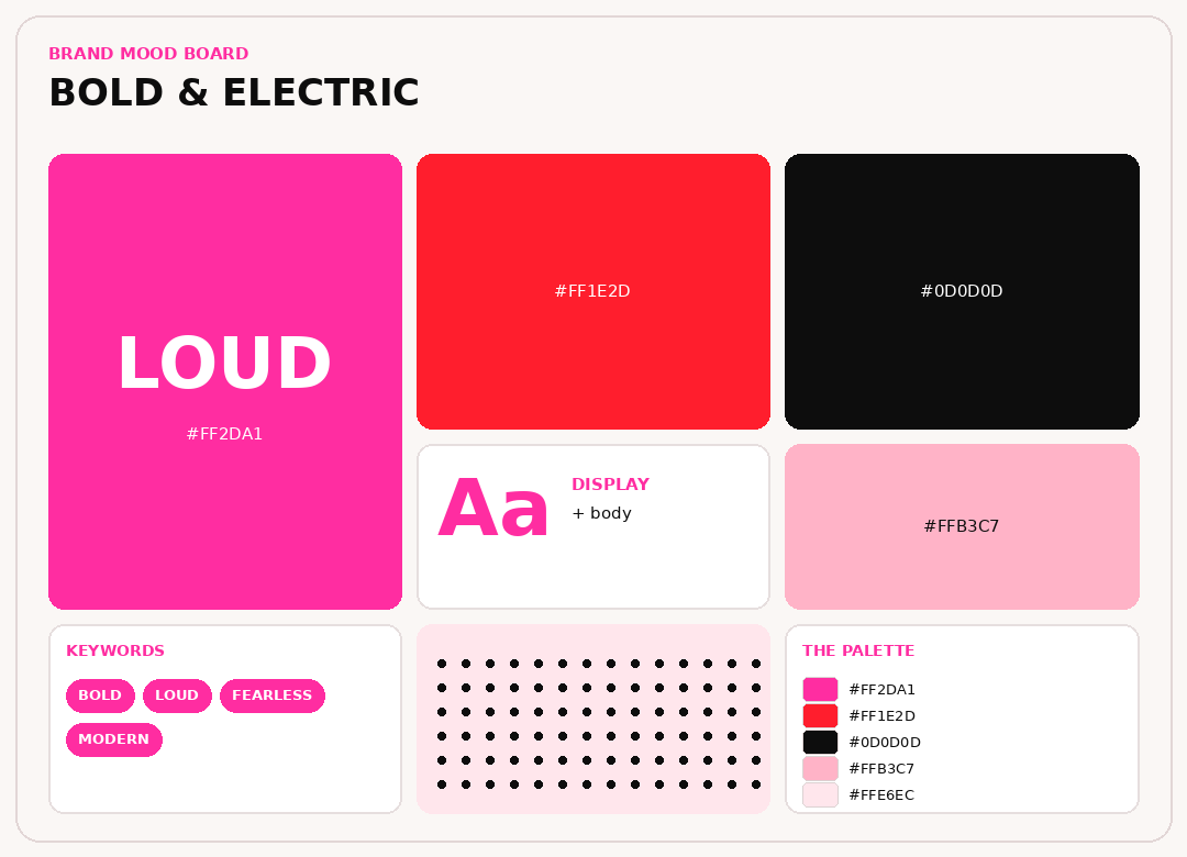 Bold and electric brand mood board example in hot pink, red, and black