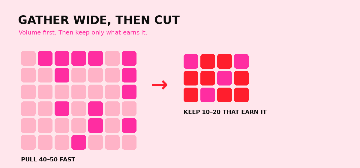 Gather 40 to 50 images fast, then cut to the 10 to 20 that earn a place on your brand mood board