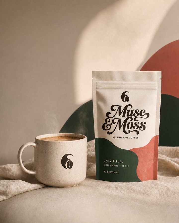 Muse & Moss mushroom coffee packaging