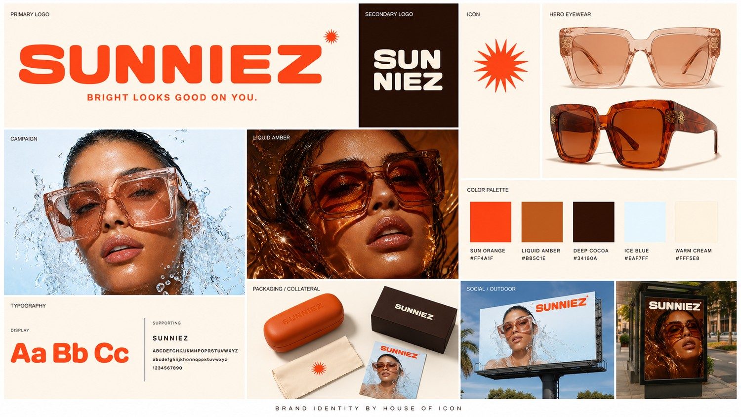 Sunniez brand identity board showing logo, palette, typography, packaging and campaign