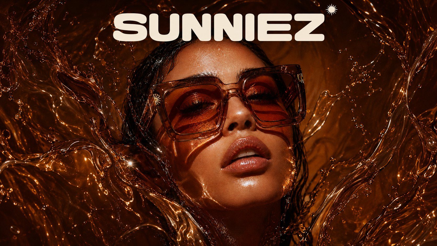 Sunniez campaign: oversized amber frames photographed in liquid gold